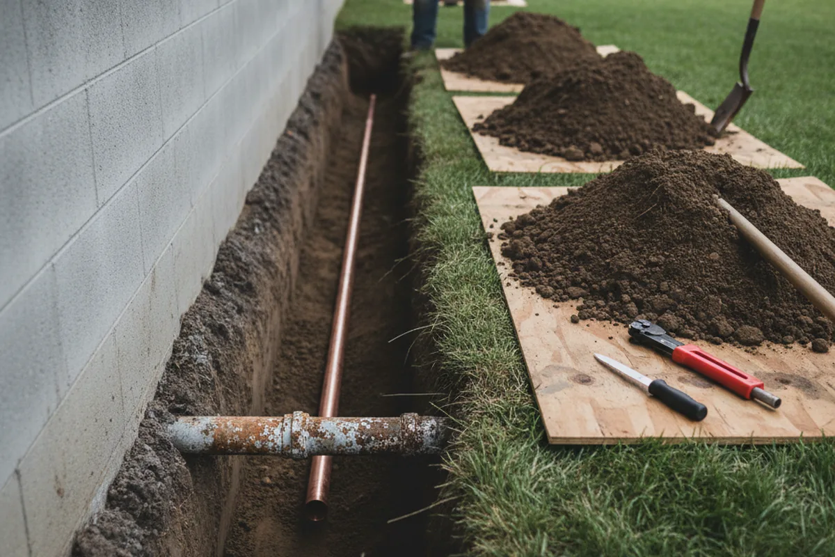 Excavated water line trench during Sewer Line Repair in Milesburg